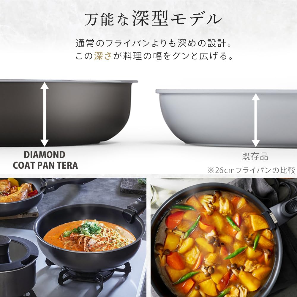 Iris Ohyama EHDC-S12S DIAMOND COAT PAN TERA Frying Pan Set with Removable Handle, 12-Piece Set, Uses Strongest Non-Stick Coating, Deep Frying Pan Set, Non-Scorching, Rustless, 3-Layer Construction