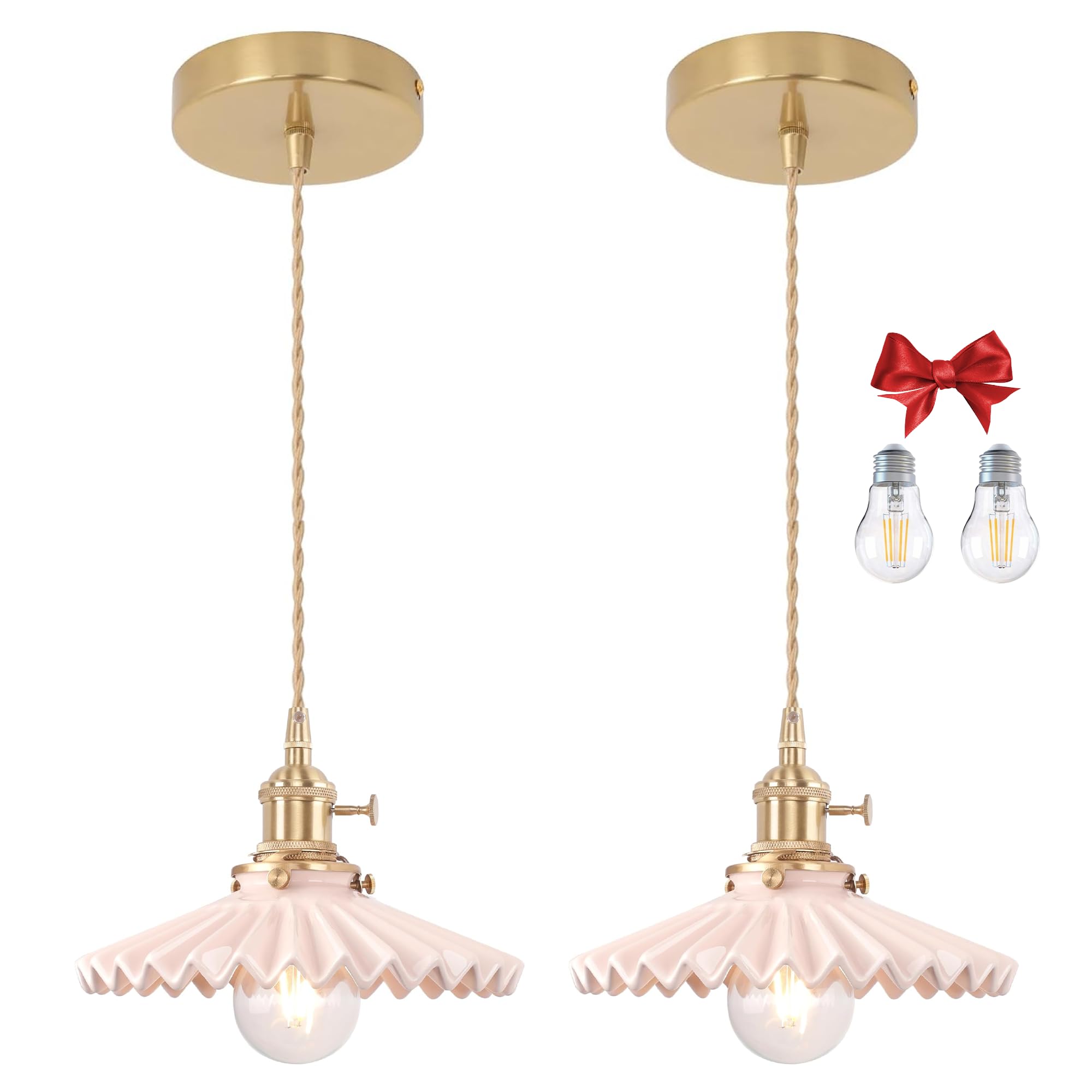 Bravsekai Pink Pleated Glass Pendant Light, 2 Natural Light Bulbs Included, Adjustable Cord with Switch, Suitable for Kitchen Island/Dining Room