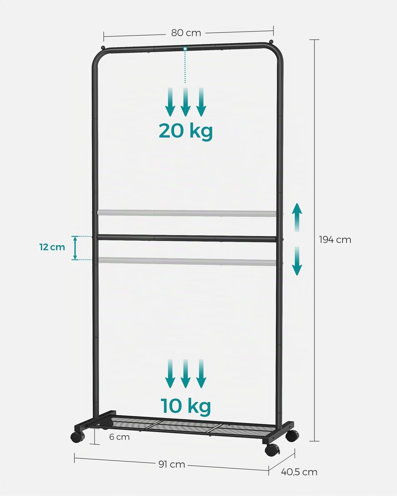 SONGMICS Stand Appendiabiti Doppio, Struttura in Acciaio, Largo 91 cm | con Ripiano Portaoggetti e Rotelle, 2 Ruote con Freni, Portata di Ogni Barra di 10 kg, Nero, Collezione PATAYE HSR027B01