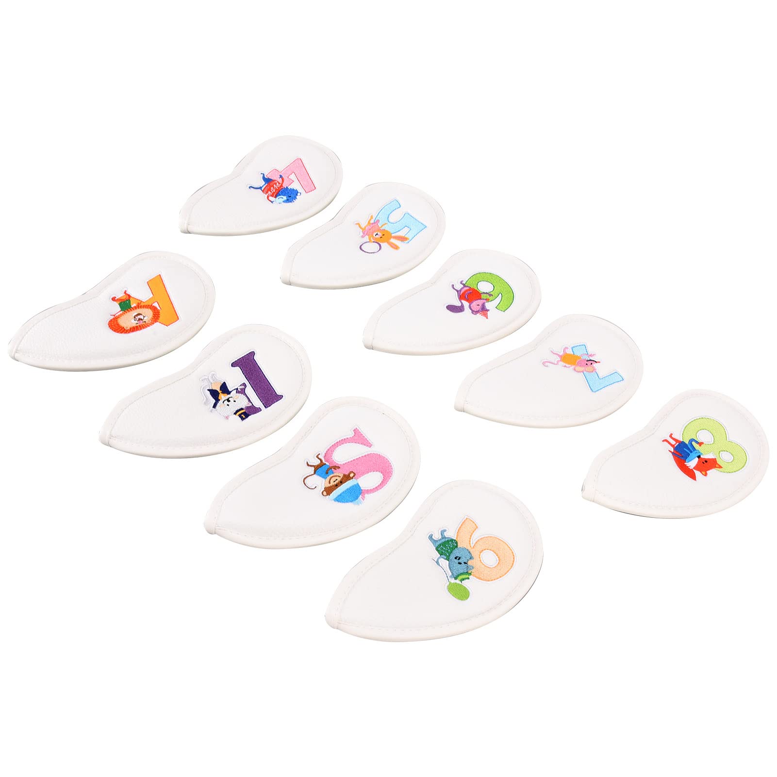 Weiß 9-teiliges Set mit Cartoon-Tier-Stickerei Golf-Eisenschläger-Abdeckungs-Set, hochwertiges PU-Leder, wasserdicht, schützende Schlägerabdeckungen für Golfer