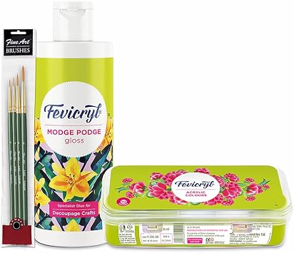 PIDILITE Fevicryl Decoupage Combo kit 1 Modge Podge, 1 Sunflower kit, 1 Brush Set - Assorted