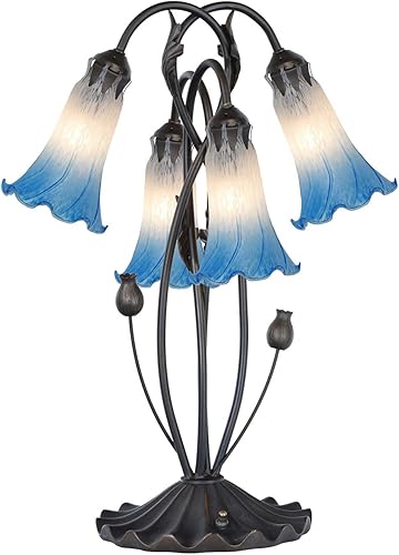 Bieye L10854Lámpara de mesa de acento de vidrio soplado con diseño de flores de lirio para decoración de sala de estar y dormitorio (4 luces, azul)