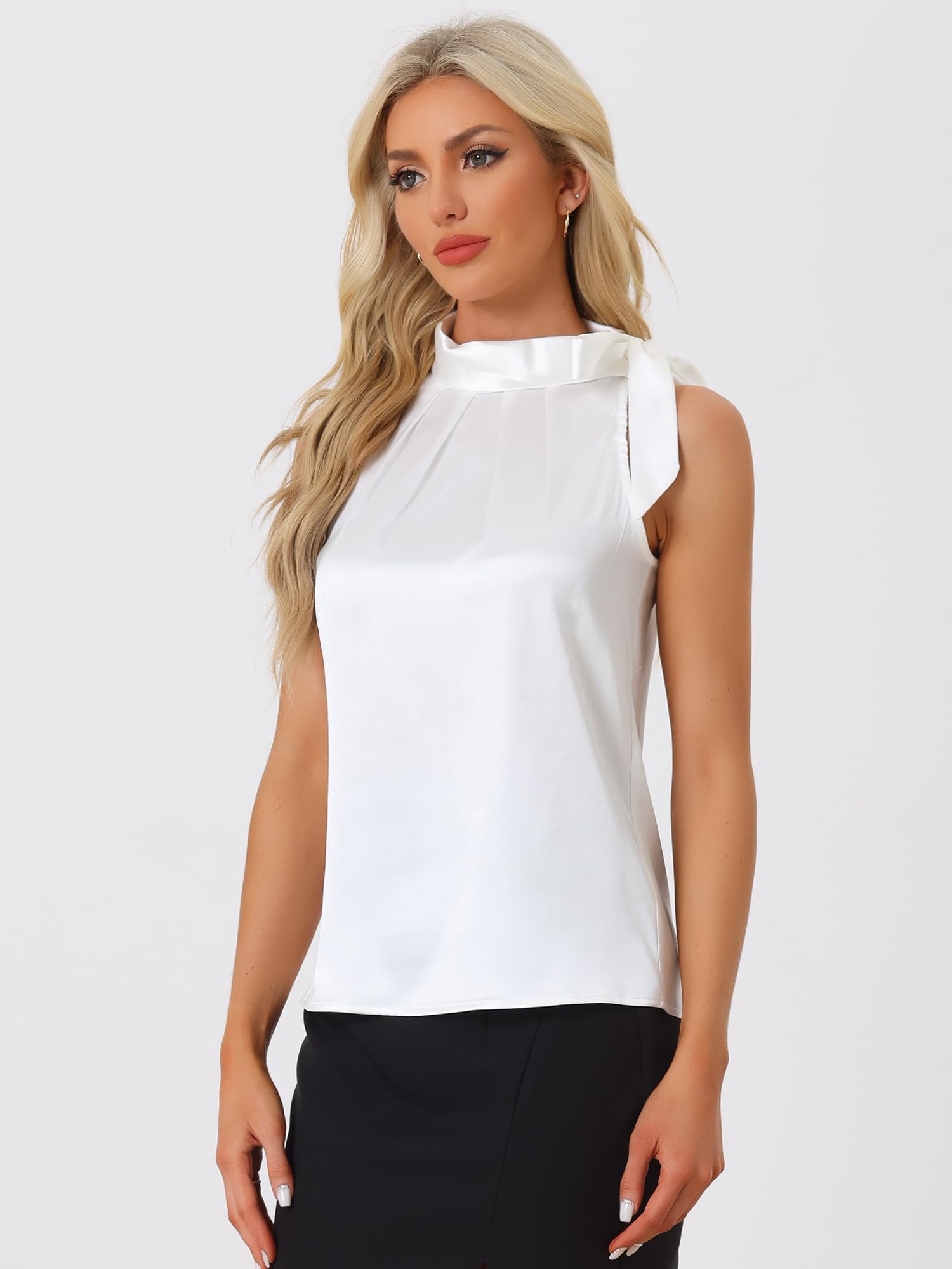 Allegra K Débardeur en Satin Femme Chemisier sans Manches Col à Nouer Haut de Travail Élégant pour Bureau