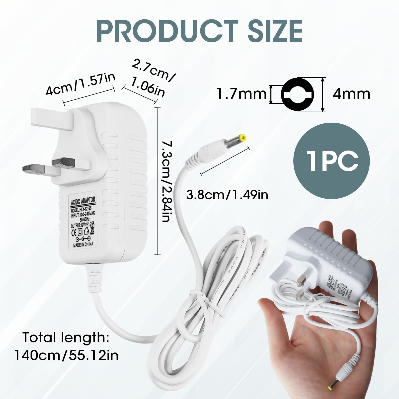 12V 1.25A 15W Power Supply Charger, Compatible with Echo Dot (5rd/4th/3th Gen) 4.0 * 1.7mm Power Cable, Echo Dot with Clock (5rd/4th/3th Gen) Adapter Charger (White) — view 2