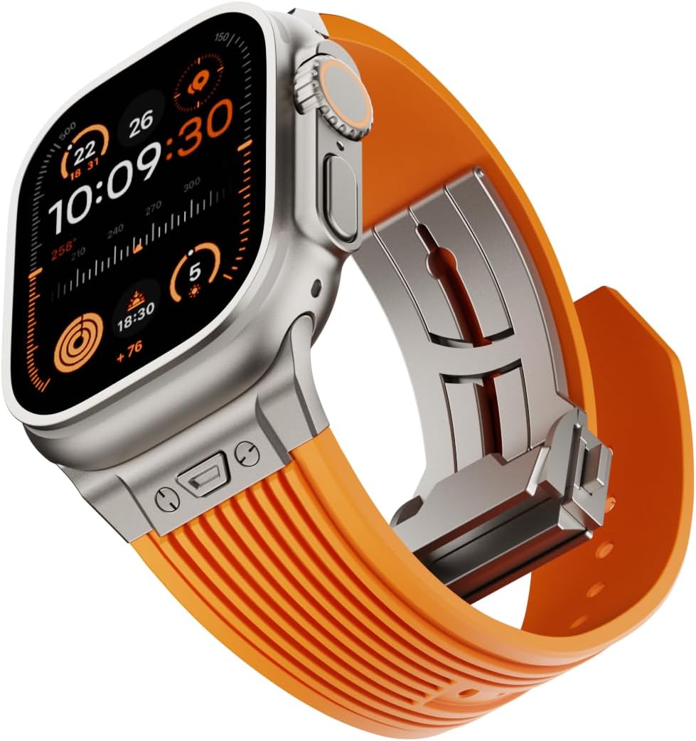 NewWays Watch Band for Apple Watch Ultra 2 Band 49mm 45mm 44mm 42mm, Luxury Rugged Silicone Rubber Strap with Metal Connector & Folding Clasp for iWatch Ultra Series 9 8 7 6 5 4 3 2 1 SE for Men