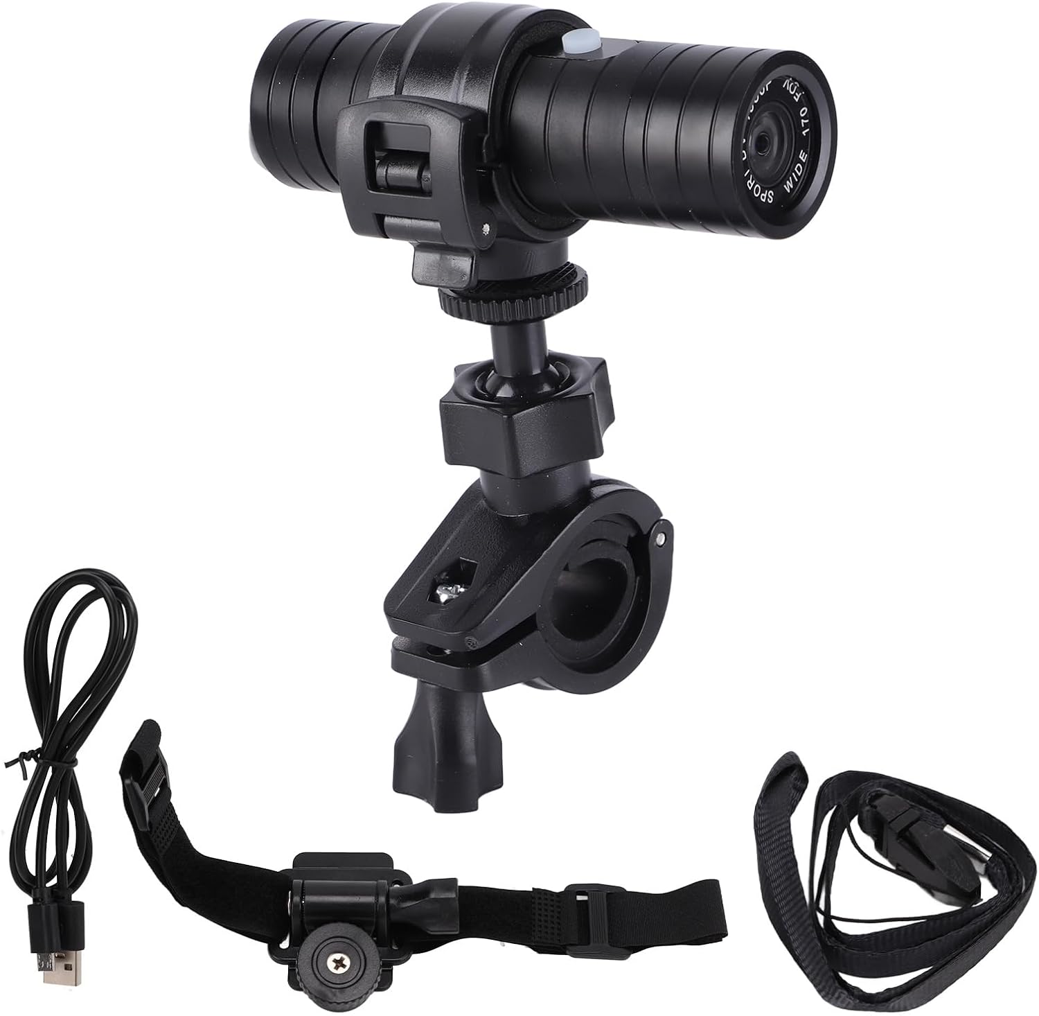 Sanpyl Helmet Sport Camera with included accessories: USB cable, head strap, and mount