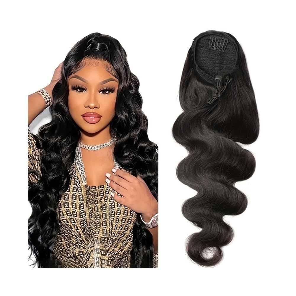 Coleta de caballo con cordón ajustable, extensión de pelo humano negro 7