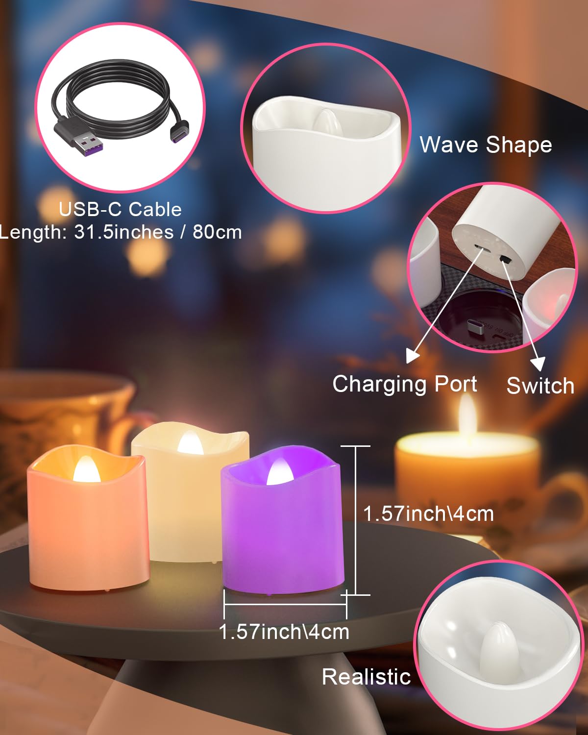 SoulBay 12er Bunte LED Teelichter Wiederaufladbar mit Fernbedienung & Timer | Aufladbare Teelichter mit Ladestation, LED Kerzen Aufladbar Flackernd für Kürbis Zimmer Wohnzimmer Halloween Deko Weihnachten