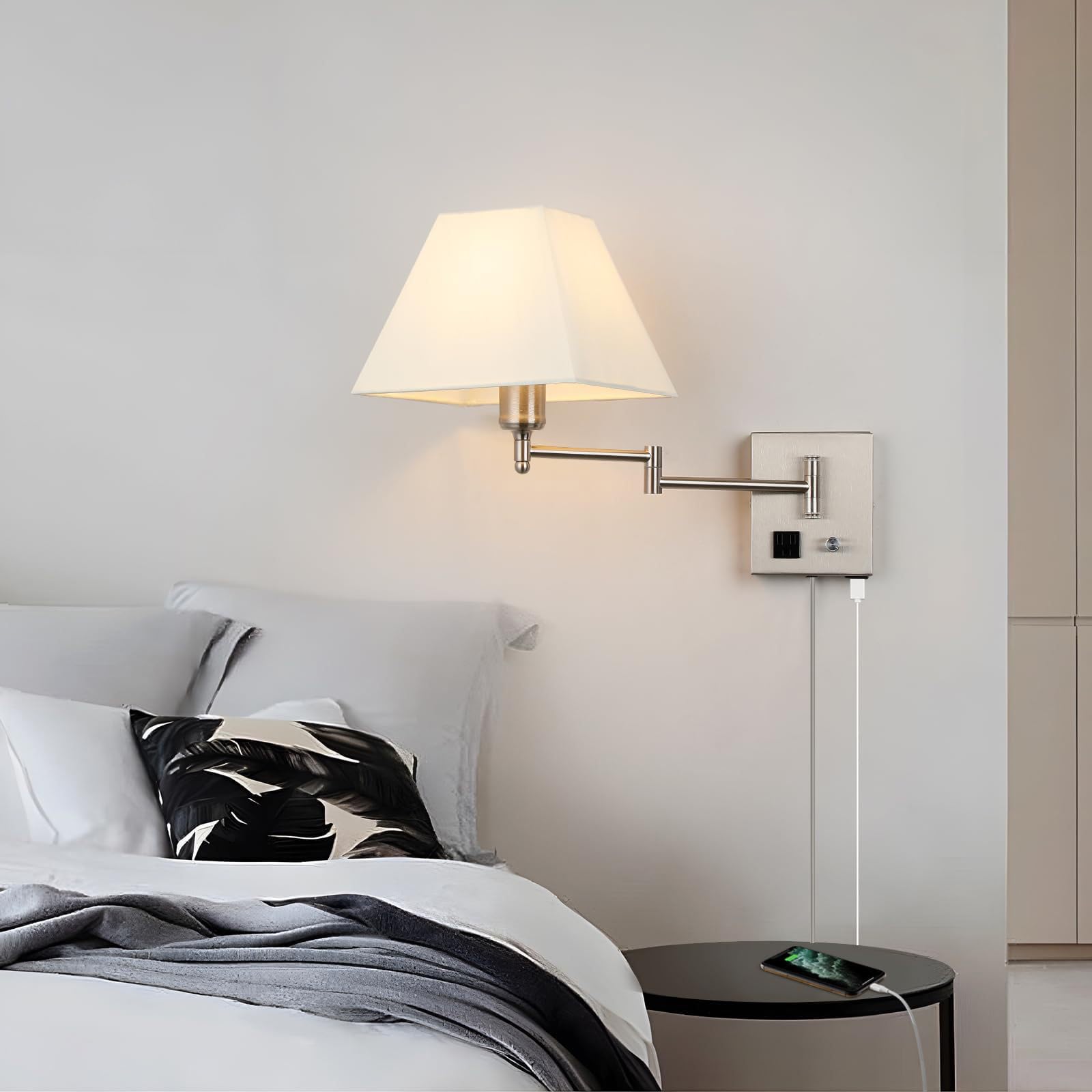Bedside Wandleuchte 270° Drehbare Verstellbar Schwenkarm Wandlicht Lampen mit Stecker Kabel Wandlampe mit Schalter Wandbeleuchtung E27 Leselampe Moderne für Hotel Schlafzimmer (Silber,1 Stück)