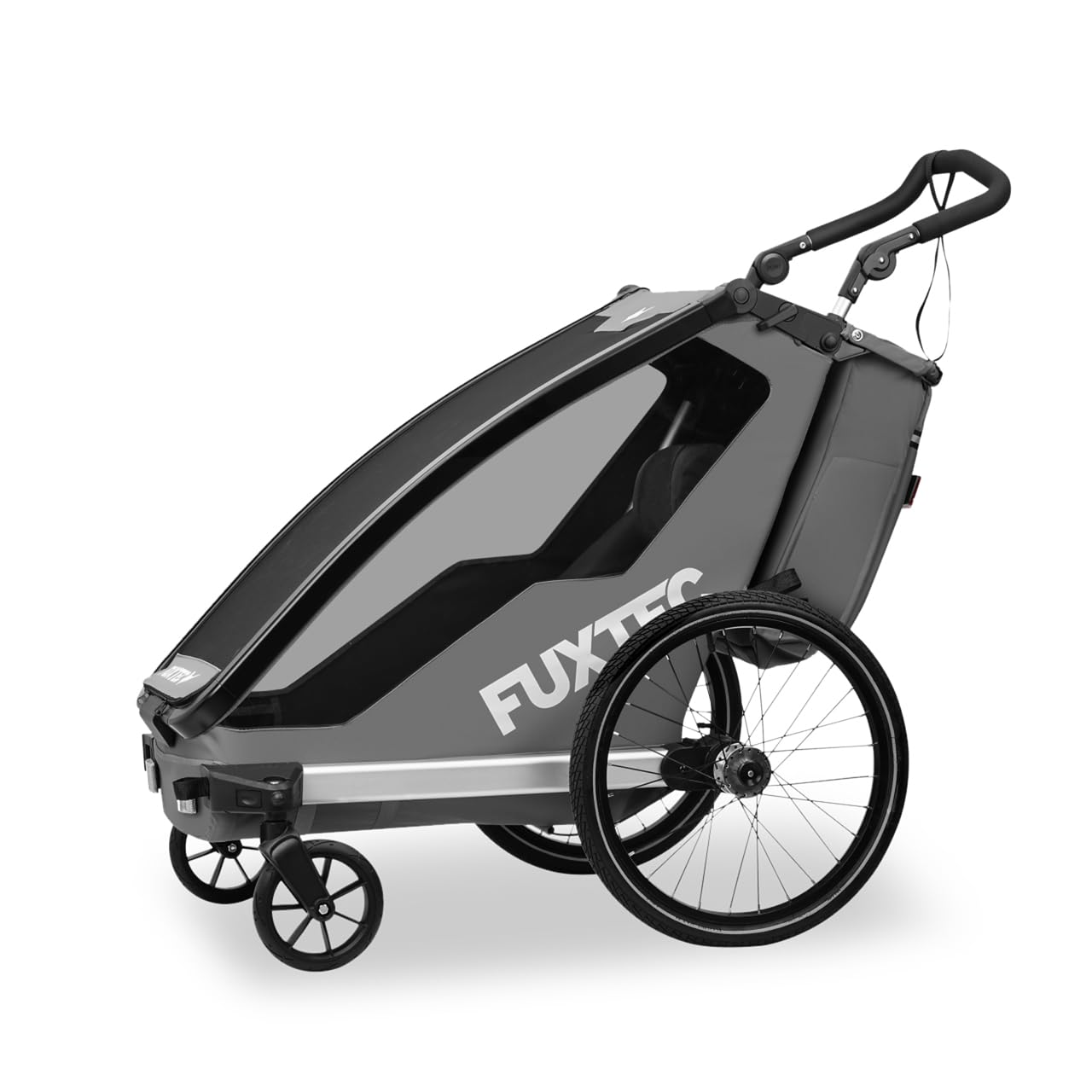 FUXTEC Kinderfahrradanhänger FX-FA1S, EIN-Sitzer faltbar mit Schiebegriff und Regenschutz, integrierter Anschnallgurt und Handgelenksband, max. Zuladung 35kg, inkl. Kupplung und Sicherheitsfahne