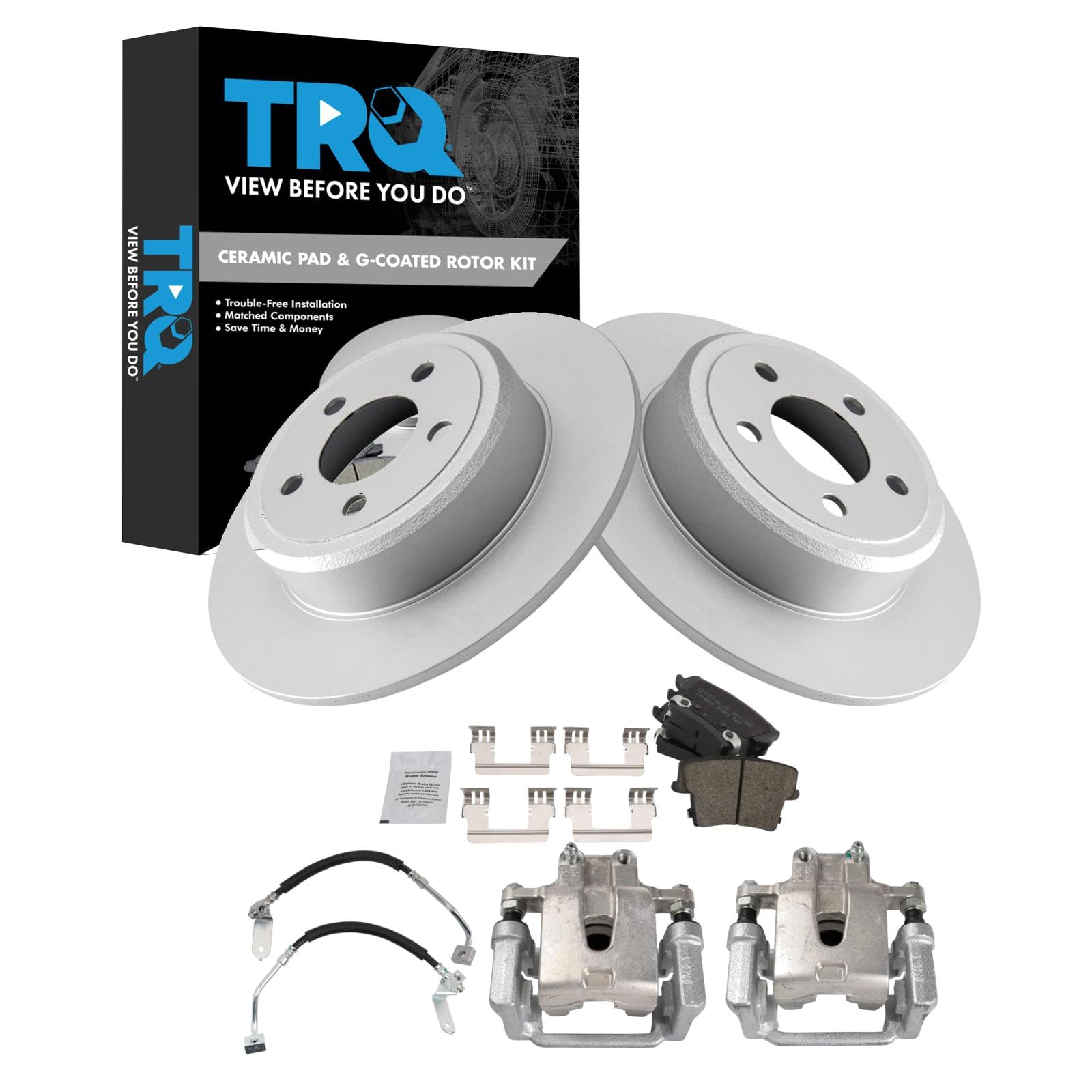 TRQ Rear Brake Pad &amp; Rotor Kit Ceramic Premium G-Coated Compatible with 2009 Dodge Challenger