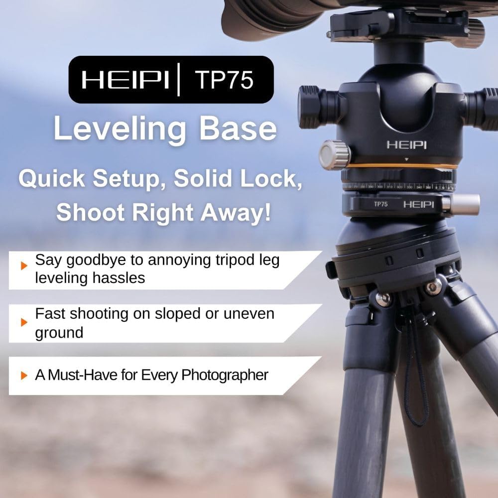 HEIPI TP75 Tripod Leveling Base for Camera Quick Tripod Head Plate with +/-5° Tilt Bubble Level 360 Rotation Base Aluminum Alloy 3/8" Screw Compatible with DSLR Cameras and Video Head, Gimbal Heads