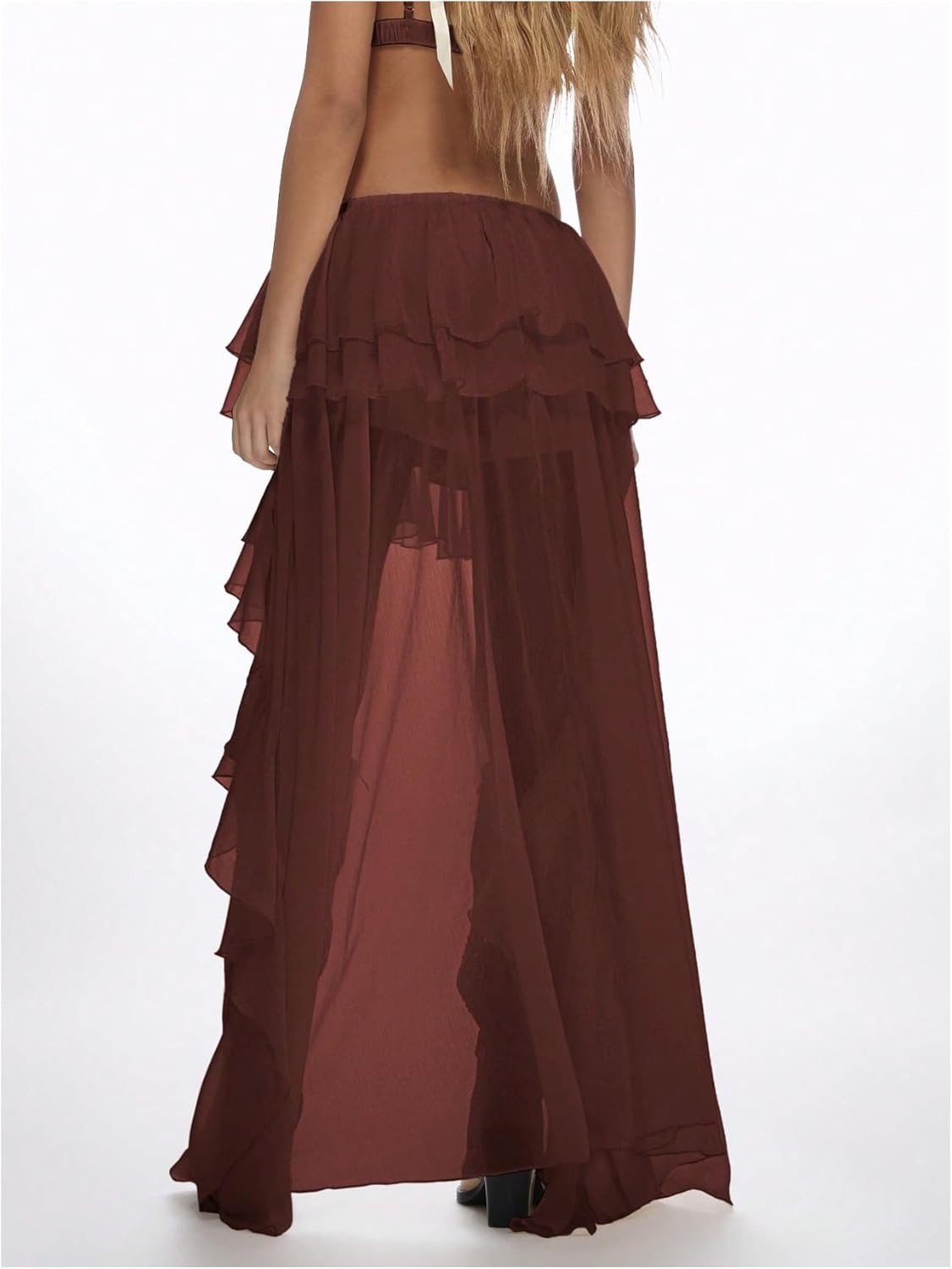 OYOANGLE Women's Boho Layered Ruffle Chiffon Maxi Skirt Y2K Elastic Cowgirl Western Asymmetrical Skirts - Image 2