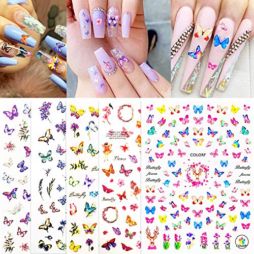 Butterfly Nail Stickers,OUO 5 Sheets Flowers Pattern Designs Nail Art Stickers,Colorful Butterfly Water Transfer Nail Decals,Butterfly Stickers for Nails Design Manicure Tips Decor,400pcs Stickers