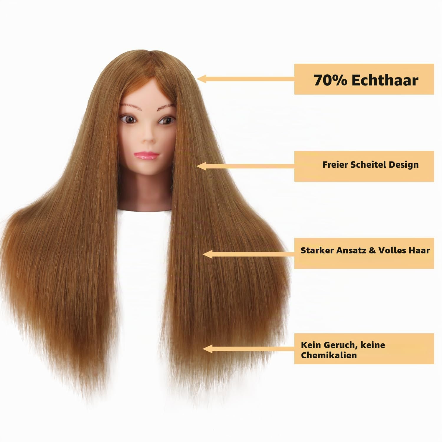 Schaufensterpuppe Kopf, Trainingskopf für Frisöre, Übungskopf 24 Zoll 70% Echthaar, Trainingsköpfe mit Klemmhalter + DIY Haare Set