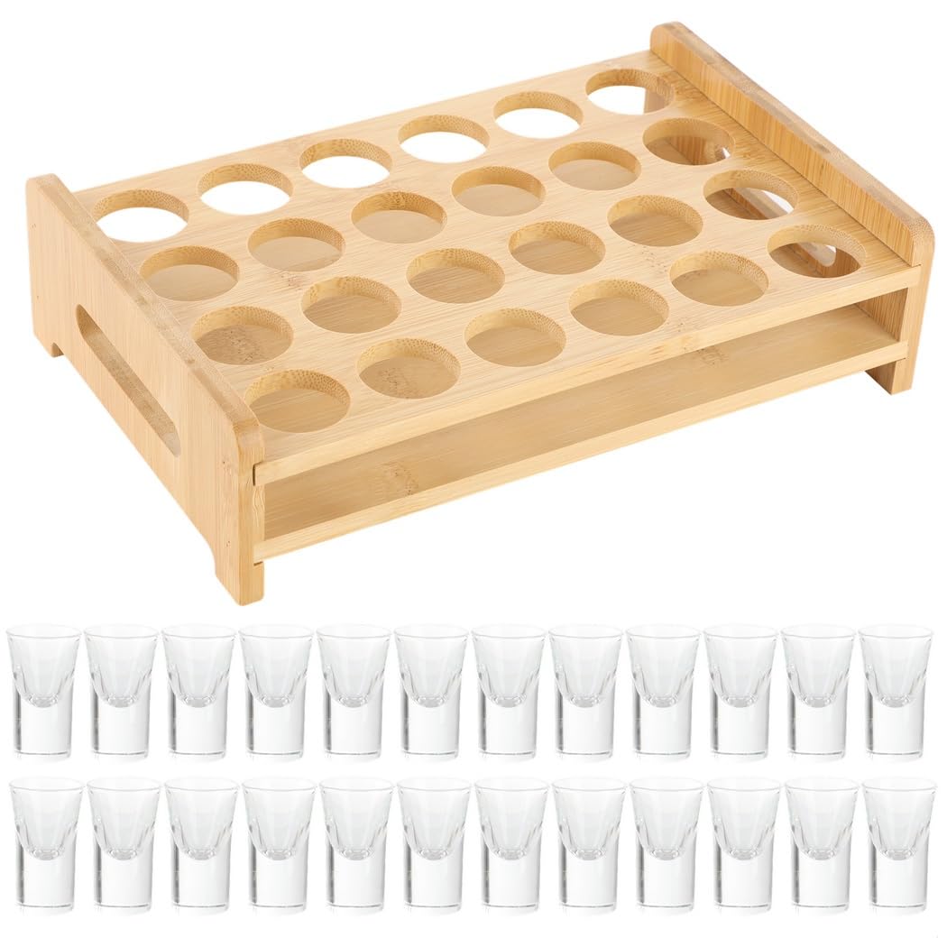 Lot de 24 mini verres à shot avec verres transparents de 11,3 g et plateau en bois, idéal pour whisky, cocktails, réunions sociales