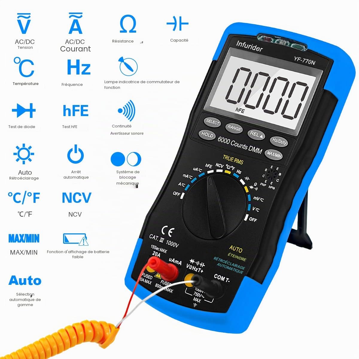 Multimètre Numérique 6000 Comptes INFURIDER YF-770N Testeur de Tension à Plage Automatique AC DC Amp Volt Ohm Mètre pour Capacité, Continuité et Diode, Multi-testeur avec Protection Mécanique