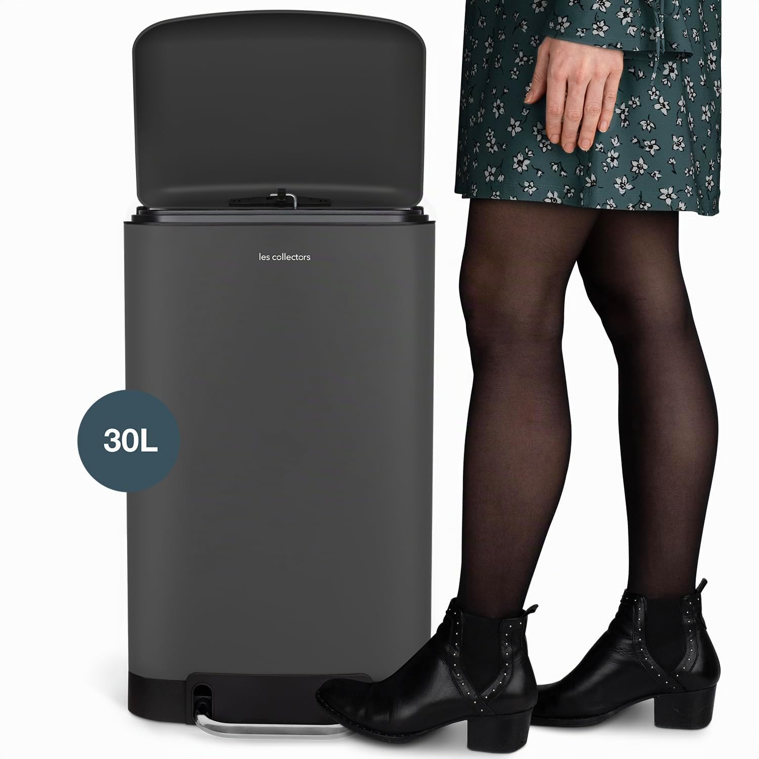 Les Collectors, Cubo de basura de cocina a pedal N°731, Acero inoxidable, Capacidad 30L, Compatible con bolsa 30L, Práctico, Cierre silencioso, Cubo interior extraíble, Acabado mate, Gris antarcita