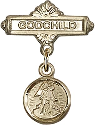 Gold Filled Baby Badge with Guardian Angel Charm and Godchild Badge Pin 7/8 X 5/8 inches