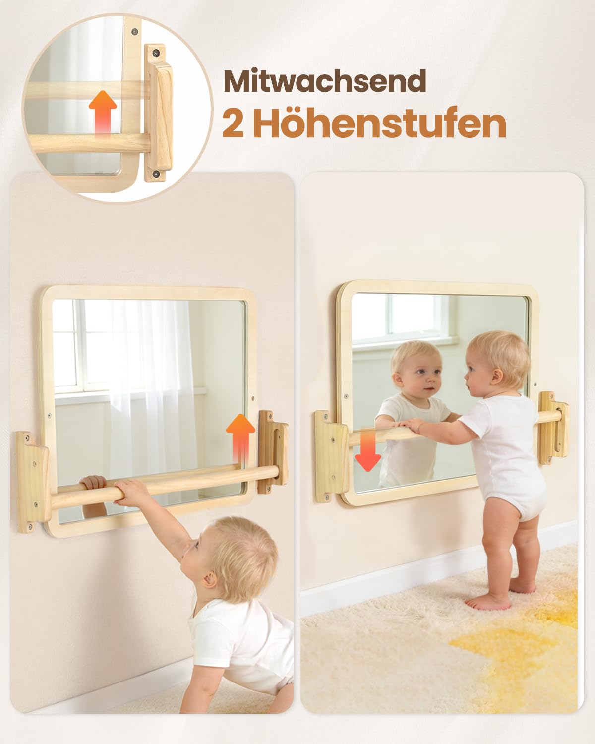 Montessori Espejo con barra – Espejo de madera ajustable en altura para aprender a montar y aprender a caminar – Espejo de pared seguro con barra antigiro para niños de 6 a 18 meses, promoción