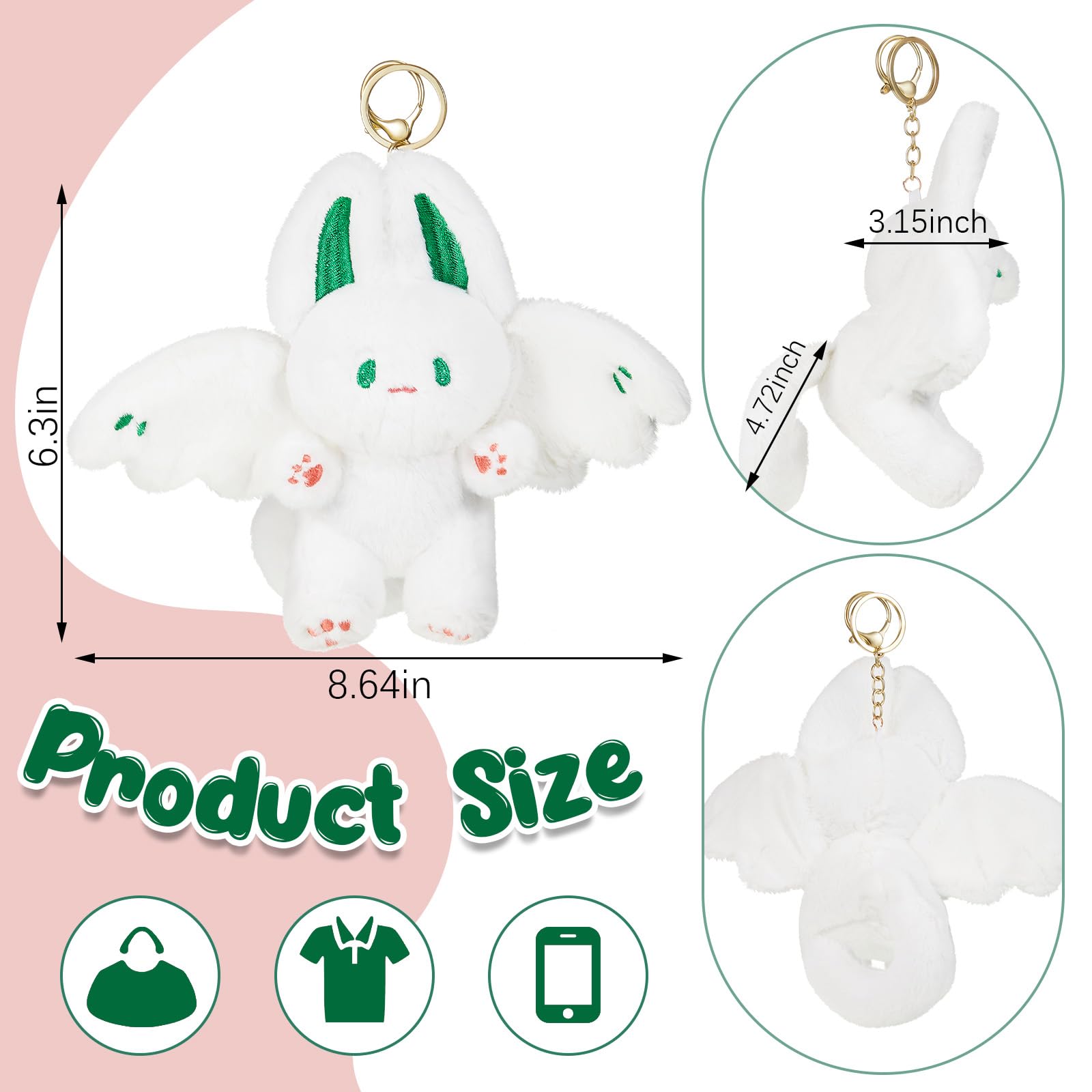 JellyArch Bat Rabbit Plush Keychain Stuffed Rabbit Animals with Keychain Cute Soft Stuffed Bat Plush Toy Kawaii Backpack Car Handbag Keyring, 8.46 x 6.3 x 3.15 Inches