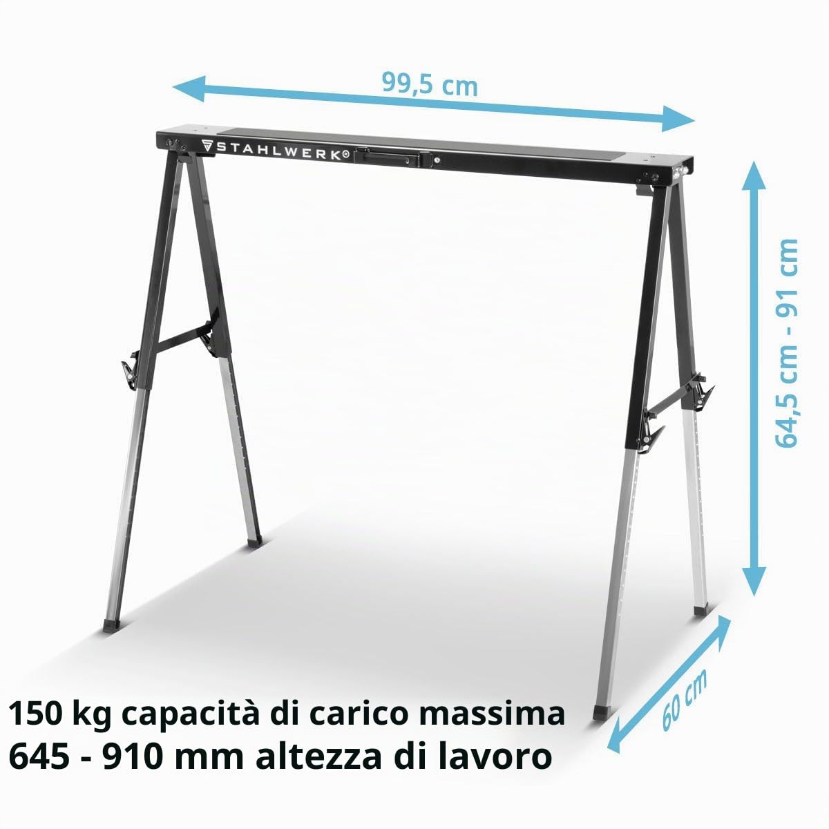 STAHLWERK SB-910 ST cavalletto da lavoro in set di 2 cavalletti in metallo verniciato a polvere, regolabile in altezza da 645 a 910 mm con portata di 150 kg e superficie antiscivolo