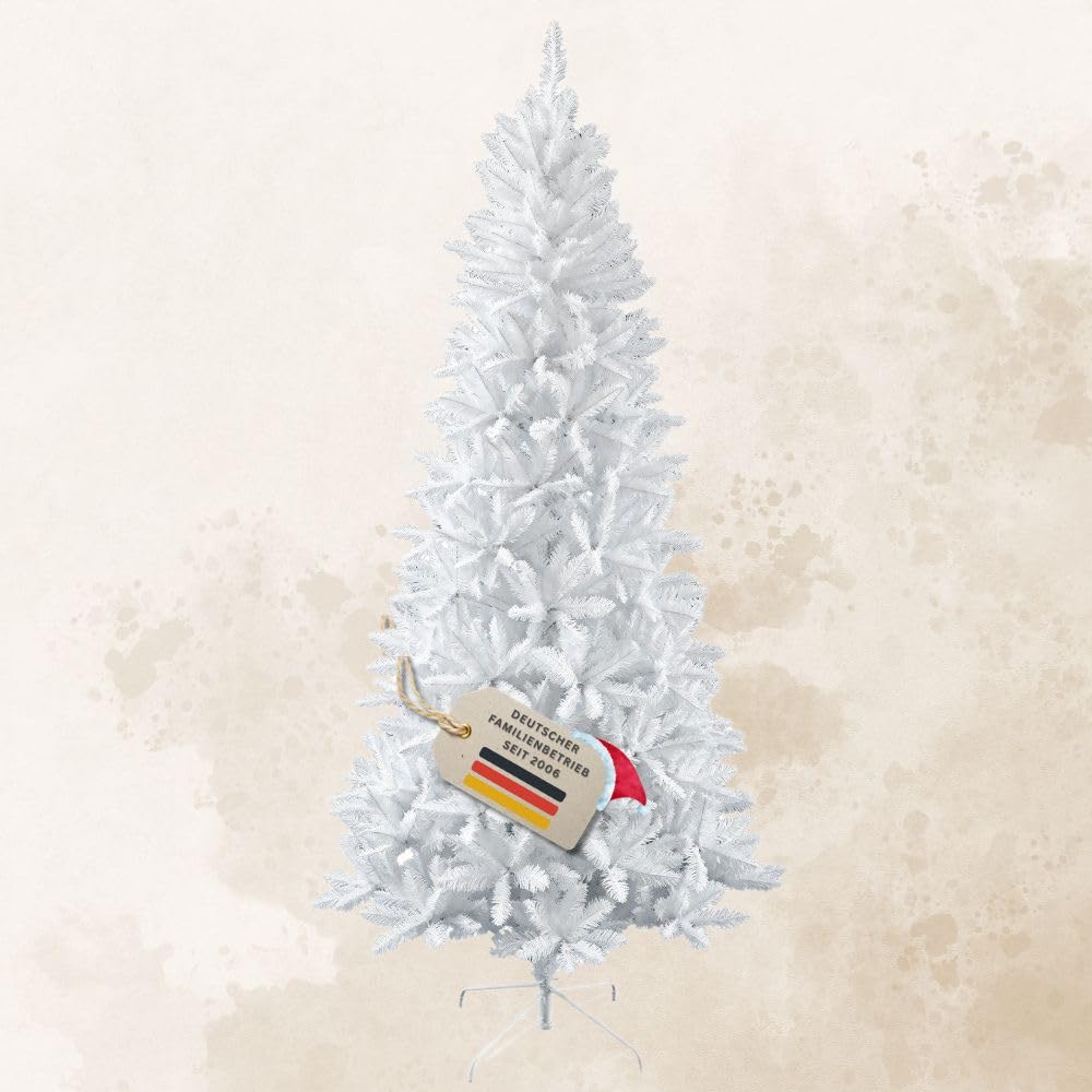 RS Trade Künstlicher Weihnachtsbaum 1015 Weiß 240 cm mit Metallständer, weißer Tannenbaum, künstlicher Christbaum, Kunstbaum Weihnachten, einfacher Aufbau, schwer entflammbar, für Allergiker geeignet