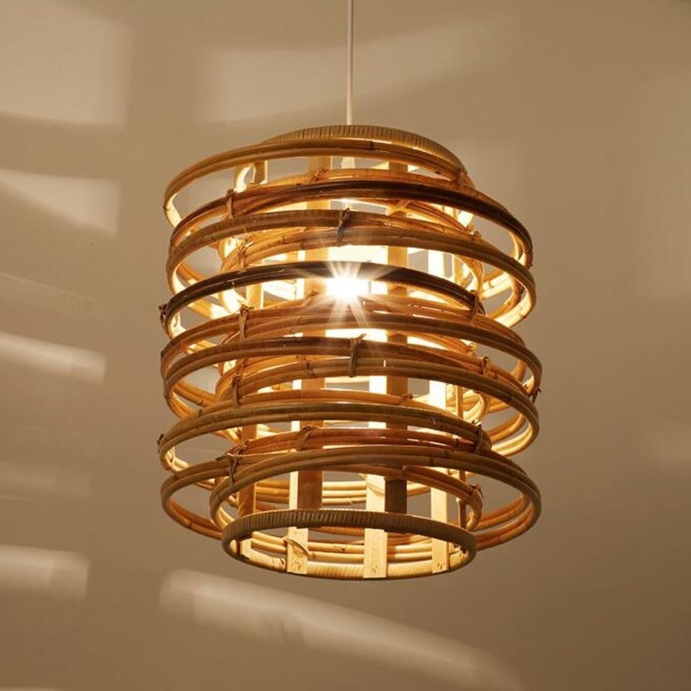 BLOOHK Modern Rattan Pendant Light, Hand-Woven Bamboo Chandelier, Boho Ring Layered Drum Hanging Fixture for Dining Room, Kitchen Island, Bedroom
