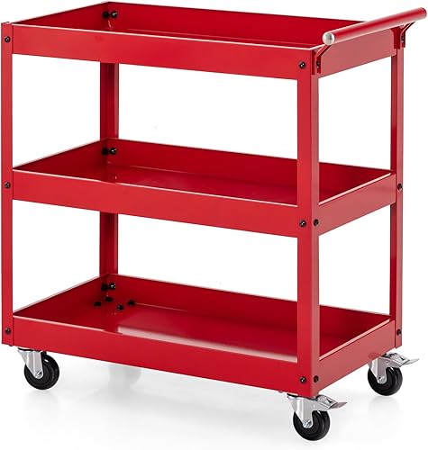 Goplus Carrito utilitario de 3 niveles, carrito de herramientas de servicio comercial resistente con ruedas bloqueables, capacidad de carga de 330