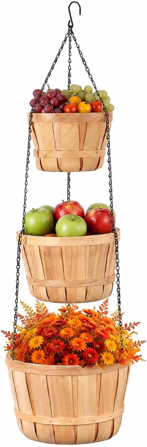SiliFine 3 Tier Hanging Wooden Fruit Basket for Kitchen with Banana Hook