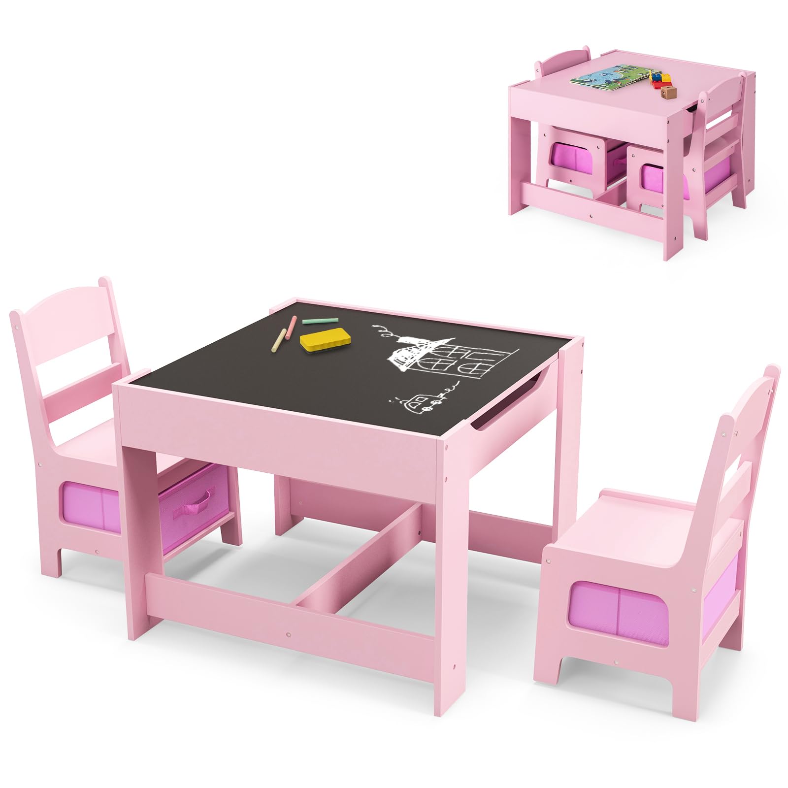 GLACER Kids Table and Chair Set, 3 in 1 Children Activity Table with Detachable Tabletop & Storage Drawers for Drawing, Reading, Crafts, Wooden