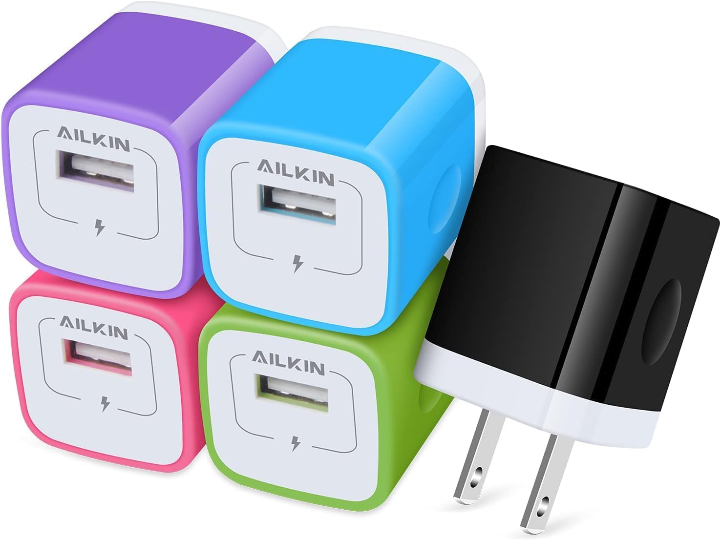 AILKIN USB Charger Wall Plug, 5Pack-1Port Fast Charging Outlet AC Power Adapter Block Cube Box Brick for Apple iPhone, Samsung Galaxy, Android or Type C Phones Charge Multi USB Base Fast Charging