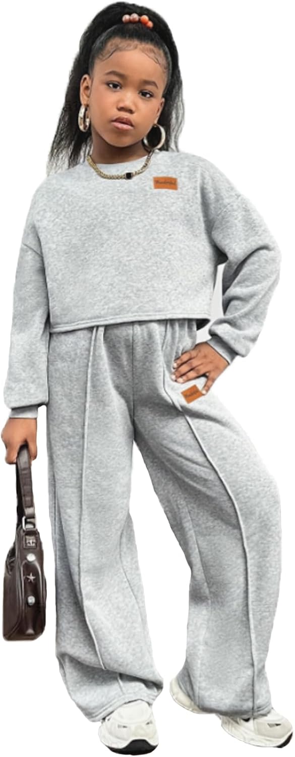 Girls 2 Piece Sweatsuit Outfits Long Sleeve Pullover Sweatshirt Tops and Wide Leg Sweatpant Jogger Pants Sets for 8-12Y