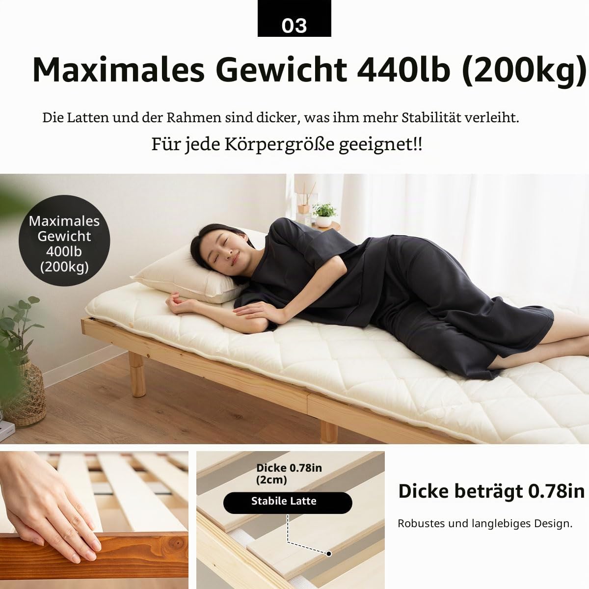 EMOOR Holzlatten-Bettgestell Fuji 98 x 200 cm für japanische Futon-Matratze (Natur-Braun), Höhenverstellbar (6/18/30 cm) Tatami-Matte