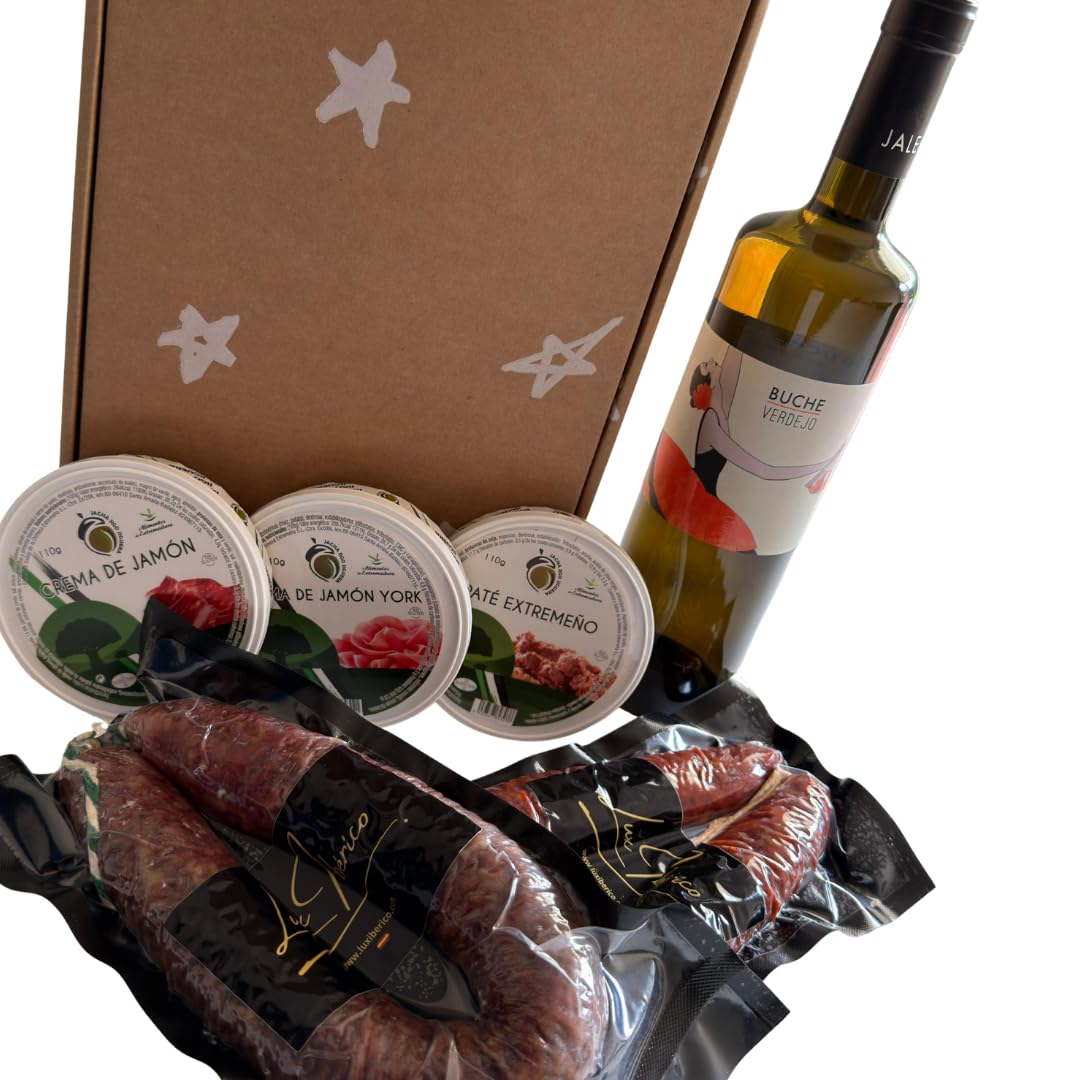 Cesta Gourmet Trajano - Vino Blanco Verdejo, Patés y Embutido | Vino blanco Verdejo, chorizo y salchichón ibérico y tres patés extremeños. Aperitivo con vino listo para regalar.