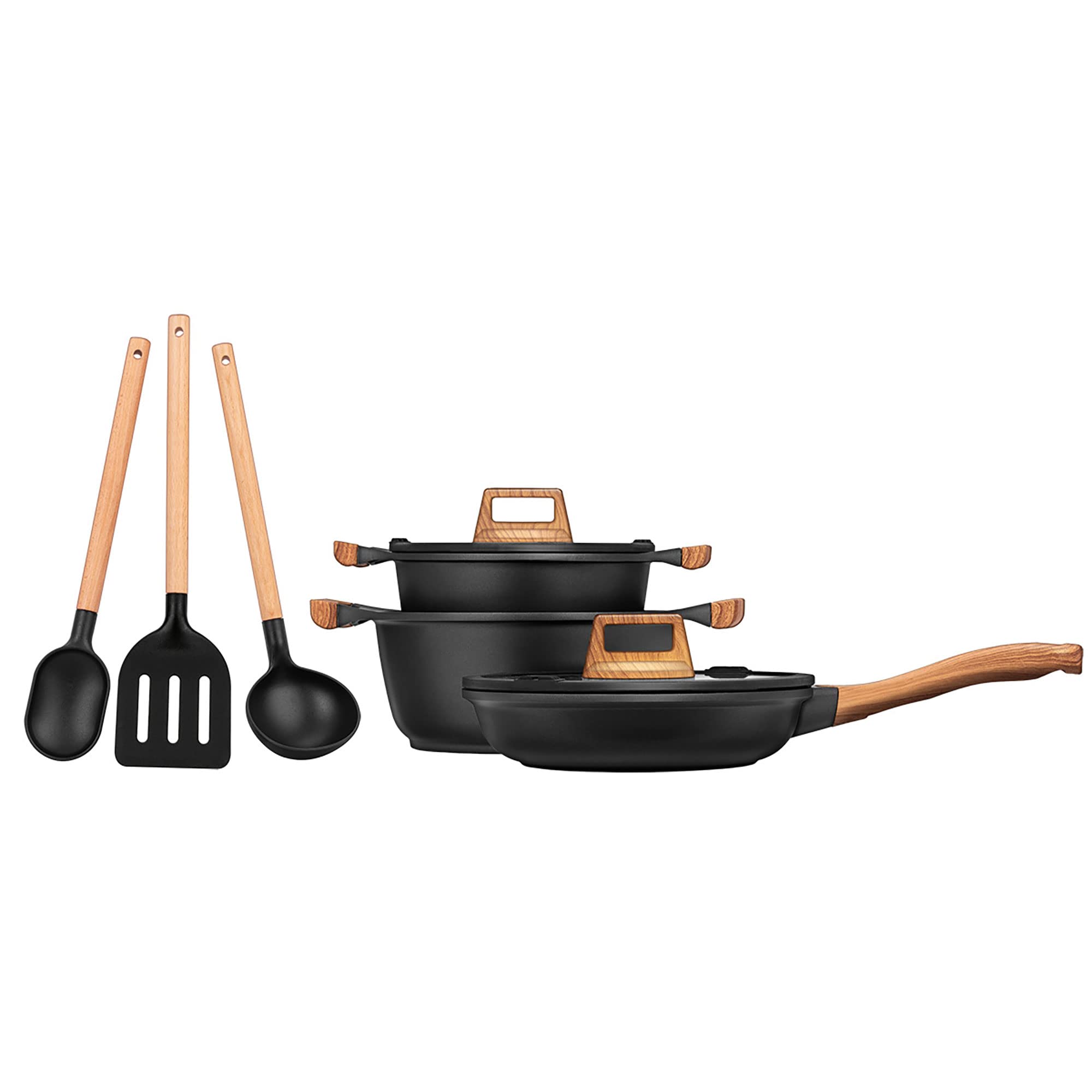 Smile Wood MGK-23 Batería Cocina Inducción 6 Piezas Aluminio Fundido Antiadherente ILAG, Set Cazuelas Tapas Cristal + Sartén, Asas Efecto Madera + Utensilios de Cocina, Vitrocerámica, Gas