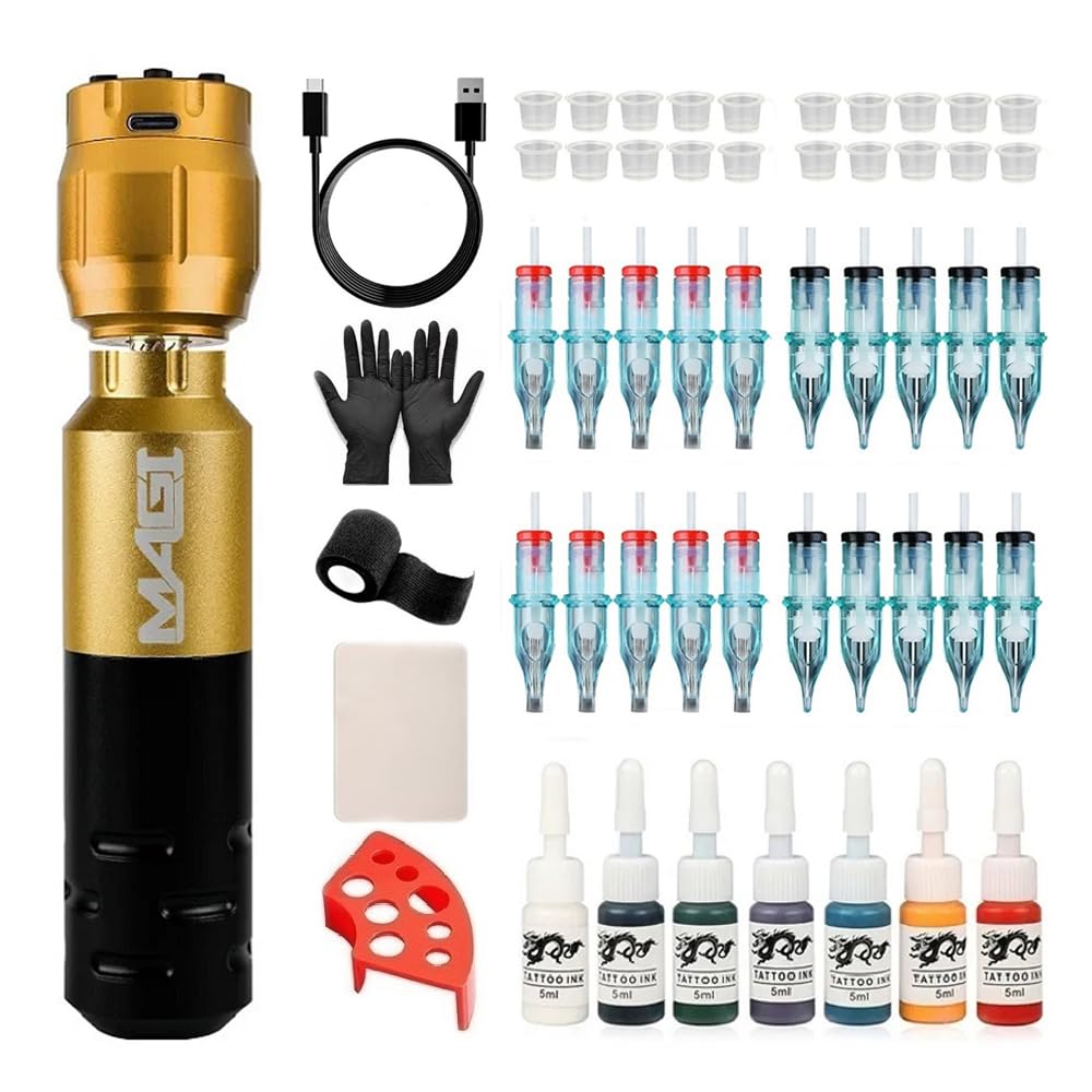 Wireless Tattoo Machine Kit for Beginners Permanent Makeup Rotary Tattoo Pen with 1500mAh LED Tattoo Power Supply for Body Art (Gold)