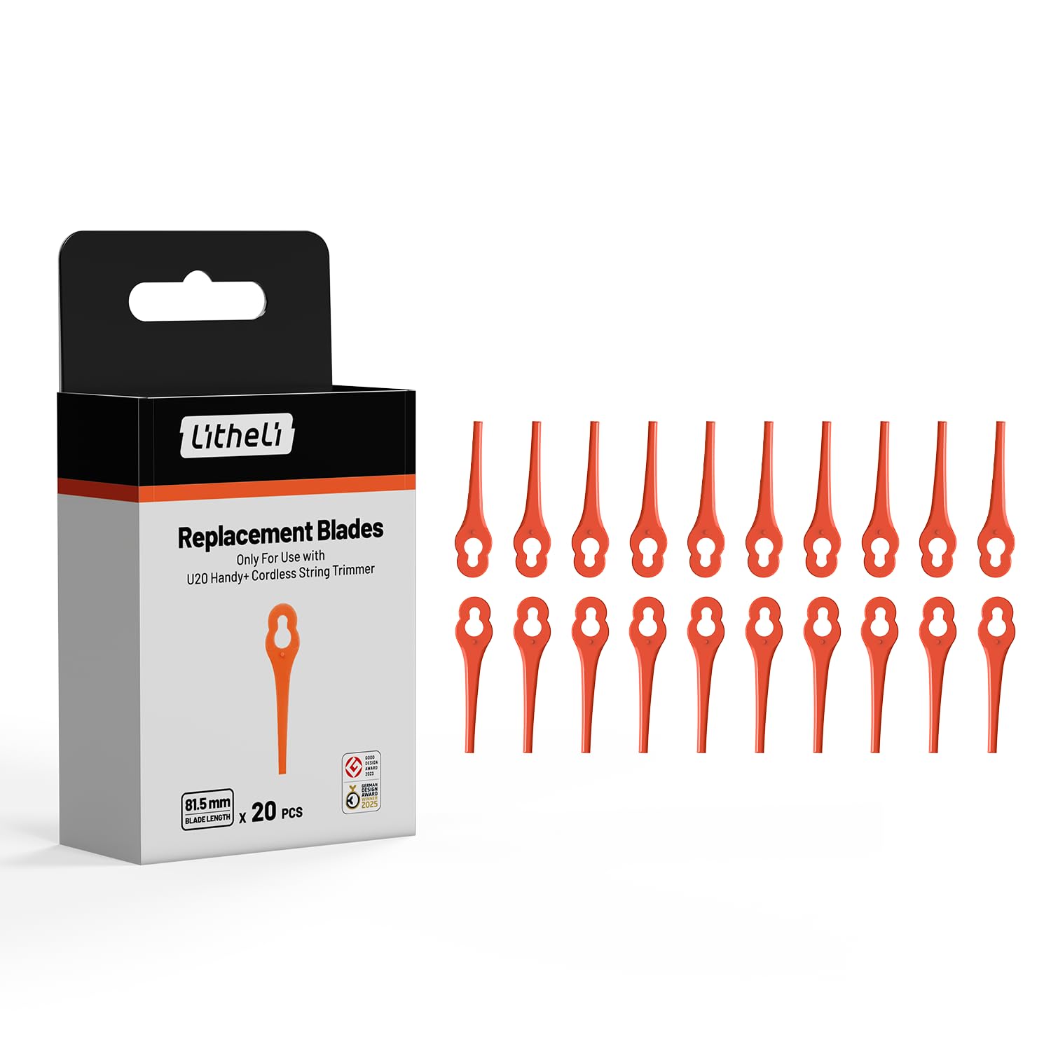 Litheli Rasentrimmer Ersatzmesser (20pcs) mit Litheli U20 Handy+ 25cm Akku-Rasentrimmer, Kunststoffmesser für Rasenkanten, Gartenwege und schwierige Bereiche