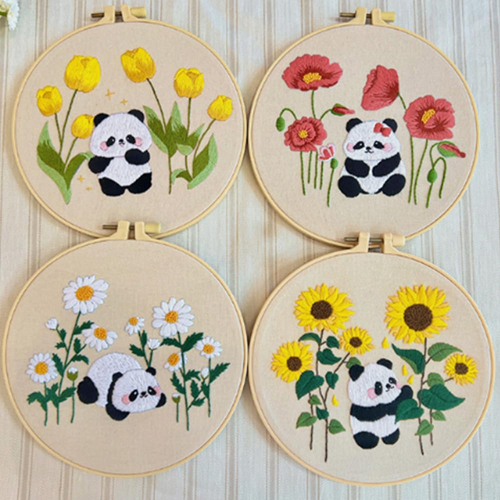 Huacan 4 Sets of Beginner Embroidery Kits, Embroidery Starter Kits, Including Cloth with Floral Patterns, Colored Threads