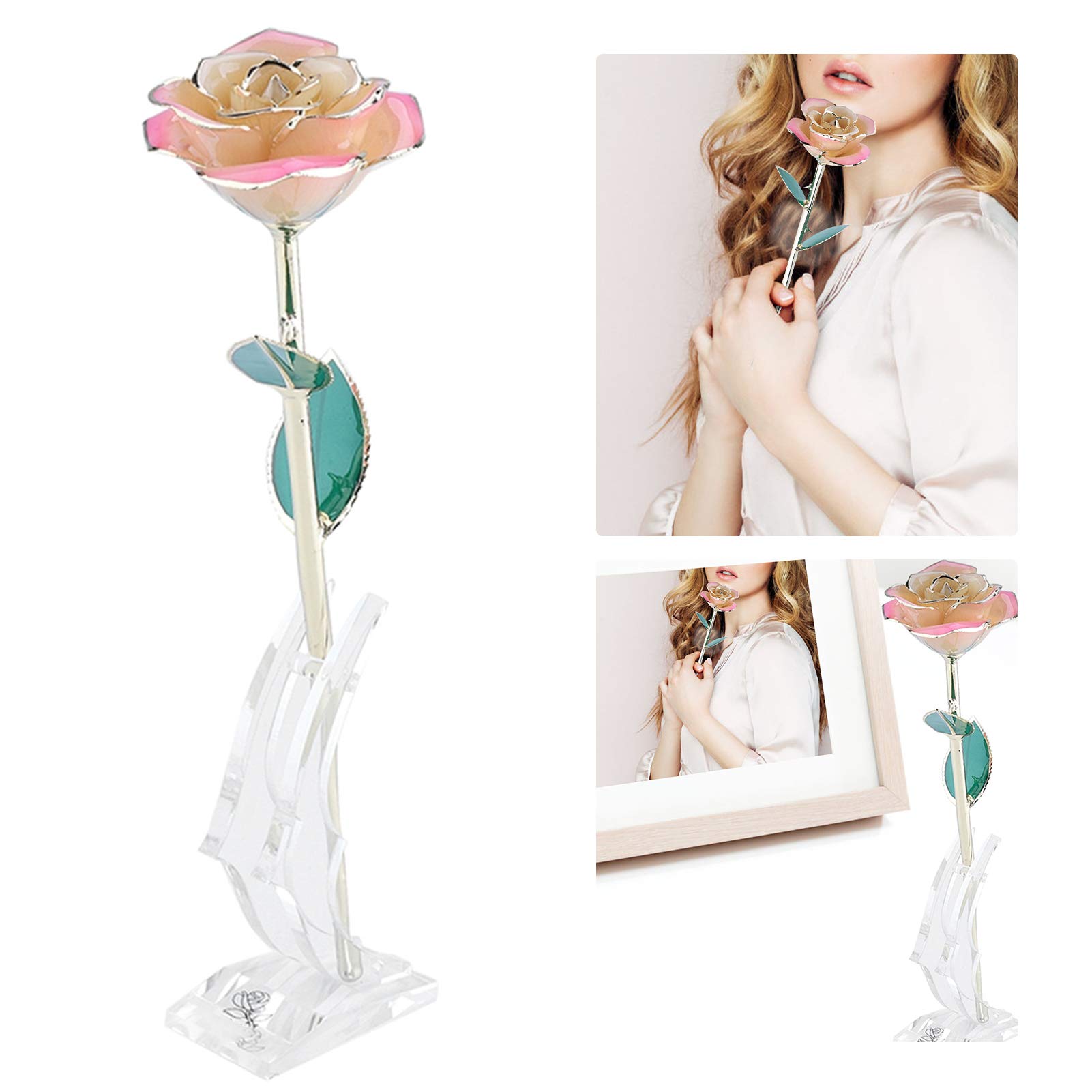 Rosa Eterna Placcata Oro 24K, Rosa Bianca e Rosa con Foglie Verdi e Base Regalo, Decorazione per San, Festa della Mamma, Matrimonio, Compleanno