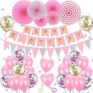 Birthday Decorations Happy Birthday Banner Bunting Girls Women Birthday Balloons Pink Party Decorations with Latex Confetti Balloons, Hanging Paper Fans Birthday Party Decorations