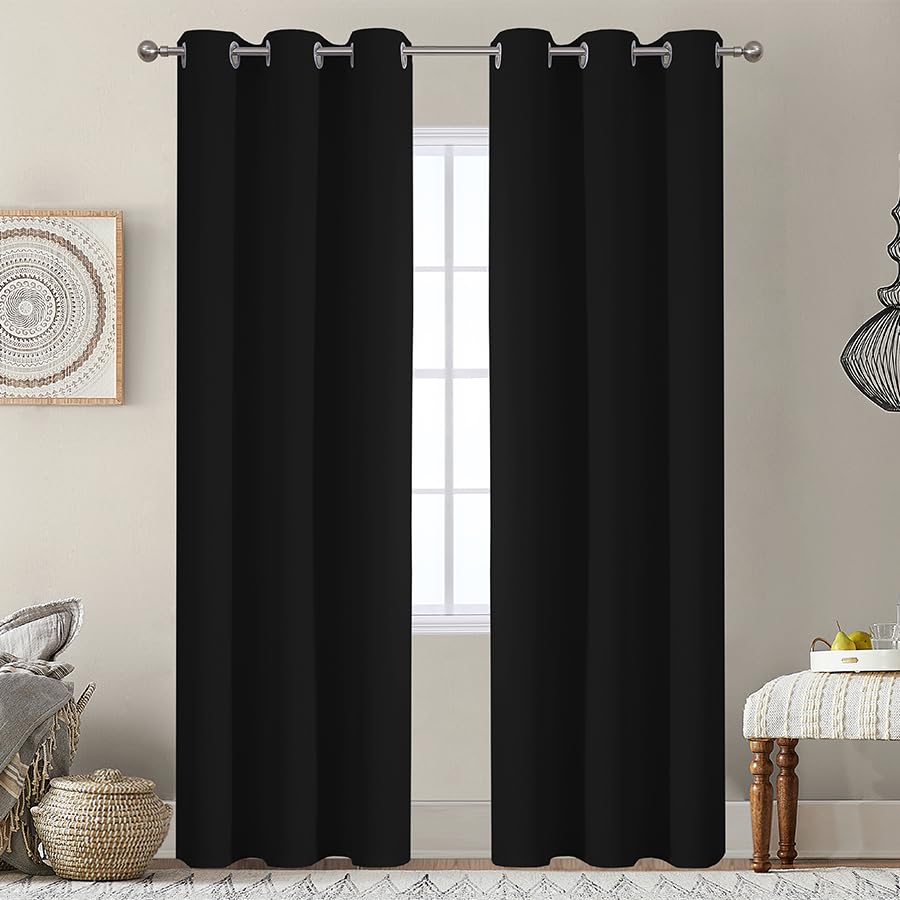 VEHEDE Blackout Curtains Bedroom, 84 Inch Drop 2 Panles Set Thermal Eyelet Long Opaque Curtain, Energy Saving Privacy Window Draps for Home Decor, W38 x L84, Black — image 1
