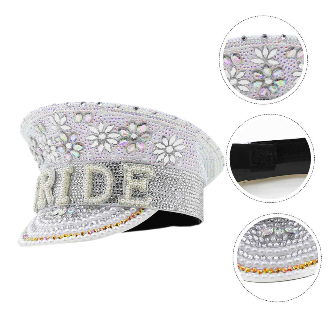 Sombrero de Novia Gemas de Imitación, Gorro Ajustable para Despedida de Soltera, Accesorio Brillante para Fiesta y Decoración de Boda, Estilo Capitán Elegante