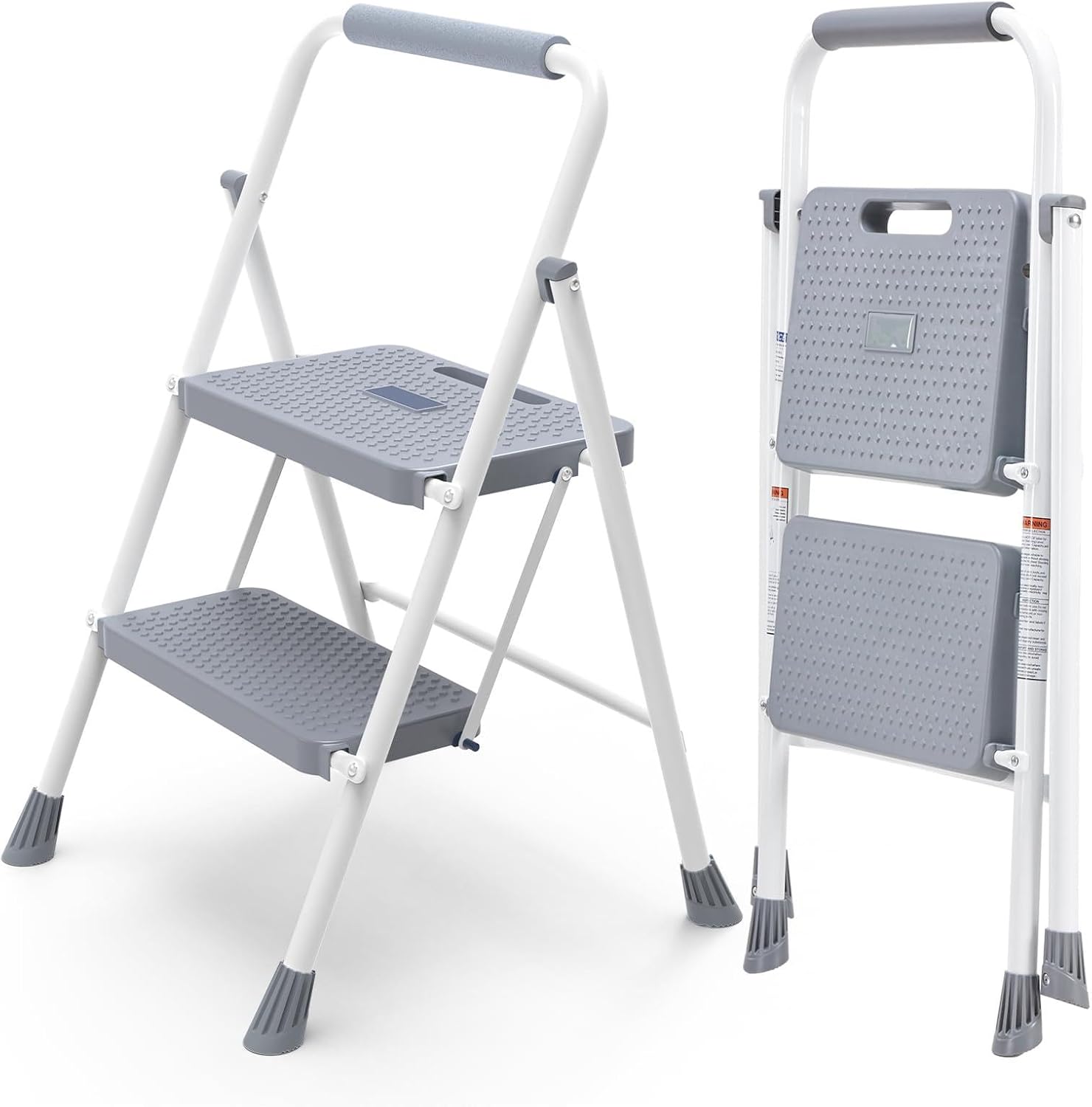 Smug Step Ladder, 2 Step Stool Foldable with Anti-Slip Pedal & Comfortable Handrail, 800lbs Capacity Sturdy Steel Ladder, Protable Heavy Duty Step Stool for Kitchen, Garage & Outdoor Use, Grey