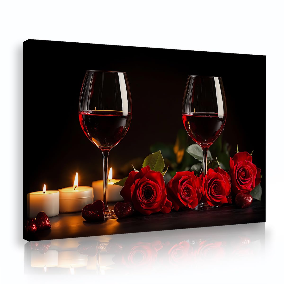 CHERHERART Romantic Candlelight Dinner Canvas Wall Art for Living Room Modern Red Floral Artwork Elegant Glasses Roses Canvas Painting Prints 25x40cm Innerframe