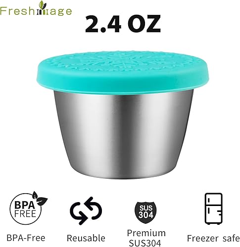 Miniatura 2 de Freshmage 6 unidades de 2.4 onzas Recipiente de acero inoxidable con tapas de silicona, contenedores de condimentos reutilizables a prueba de fugas