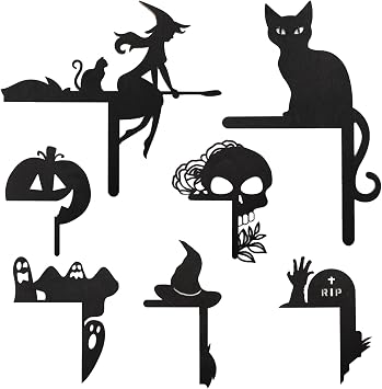 7 Pieces Halloween Door Corner Sign Decoration, Black Wooden Door Frame Decoration Halloween Theme Witch Skull Head Ghost Pumpkin Cat Hat Horror Pattern Suitable For Door Corner Window Corner