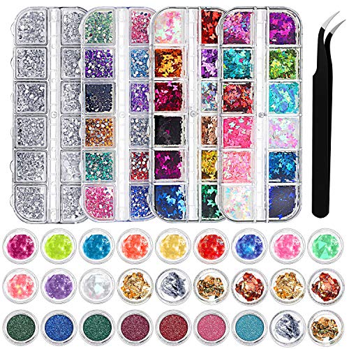 4 Pieces Nail Art Rhinestones Butterfly Pattern Nail Sequins, 28 Pots Aluminum Foils Flakes Nail Art Decorations and 8 Pots Manicure Nail Glitter Powder with Tweezer for Nail Decorations
