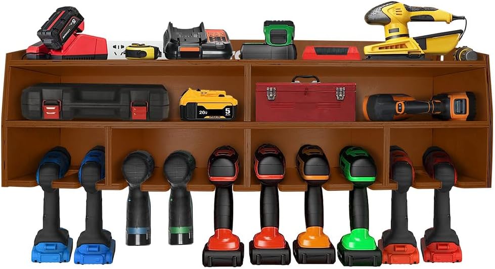 Pro Lift Cordless Drill Organizer – wall mount power tool storage rack, 10 hanging slots, wooden M-005W2