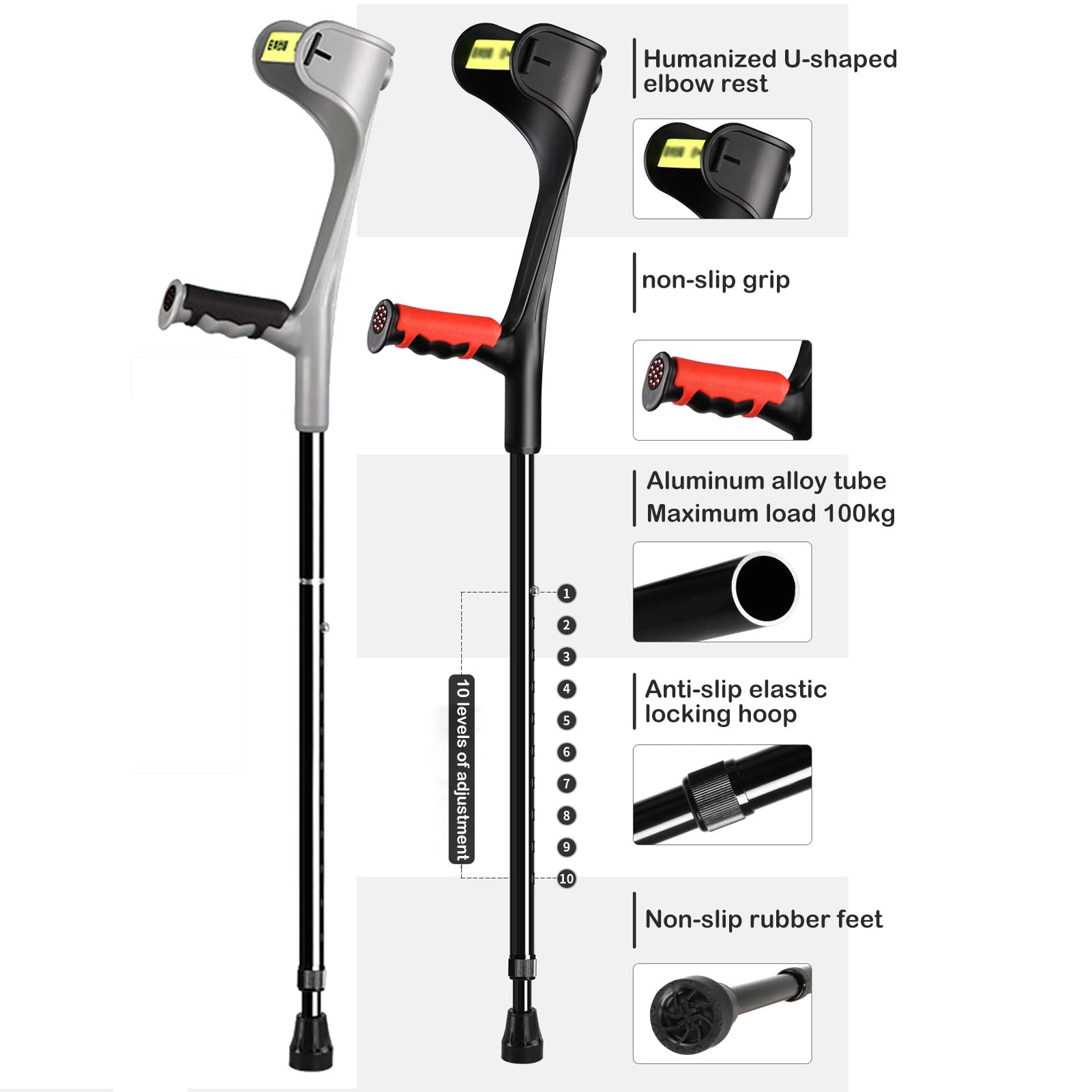 Muletas de Antebrazo Plegables de Aluminio (2 Unidades), Muletas Ligeras Antideslizantes para Fracturas de Discapacitados, Muletas para Caminar, para Adultos Y Niños (Color : Gray)